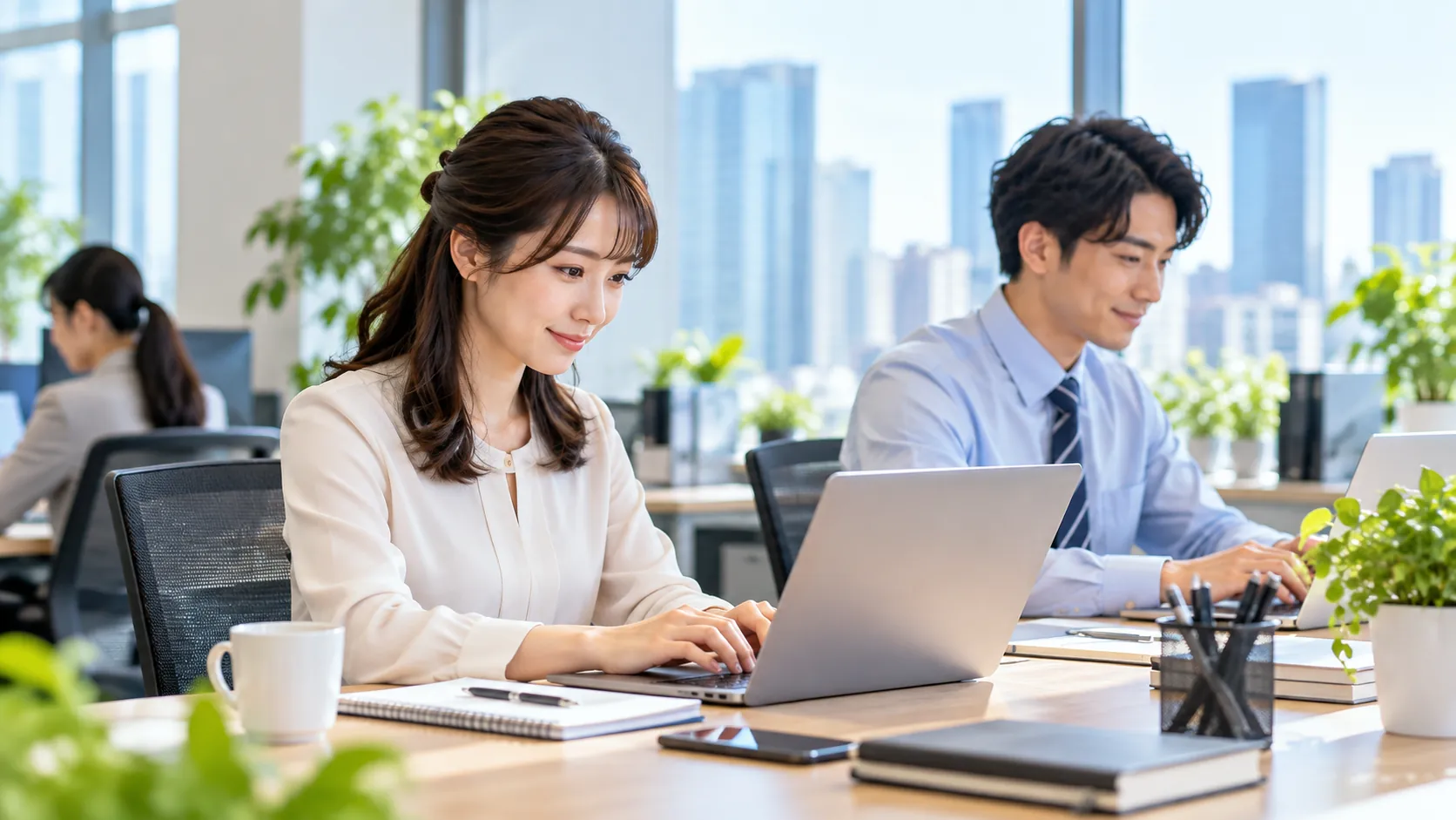 明るいオフィスで社員がそれぞれノートパソコンを使い、集中して仕事に取り組む様子