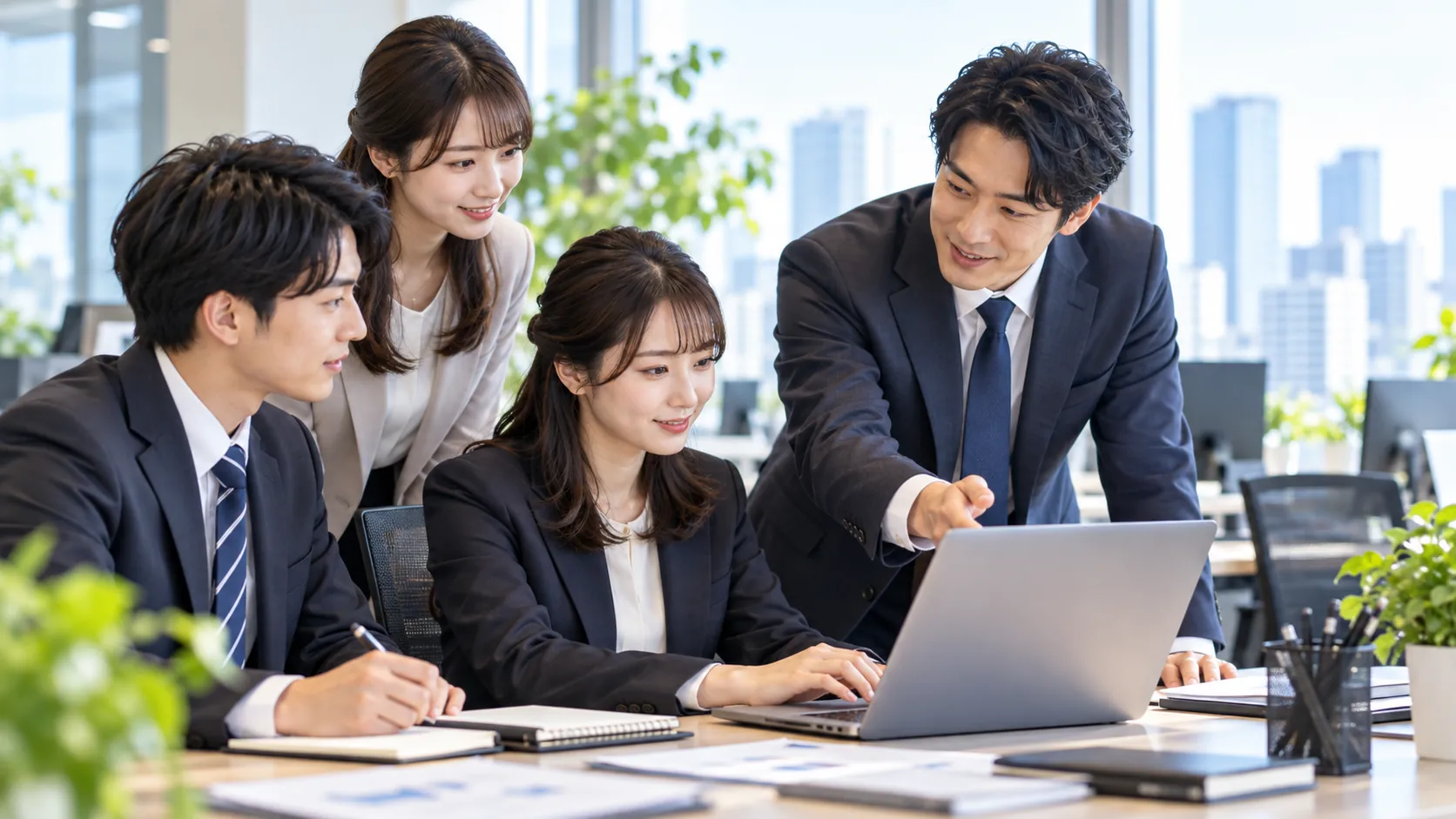 新入社員研修で指導役の社員がノートパソコンの画面を示し、複数の社員と学んでいる様子
