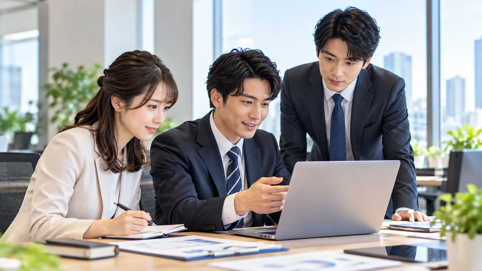 管理者と社員がノートパソコンを囲み、画面を確認しながら話し合っている様子