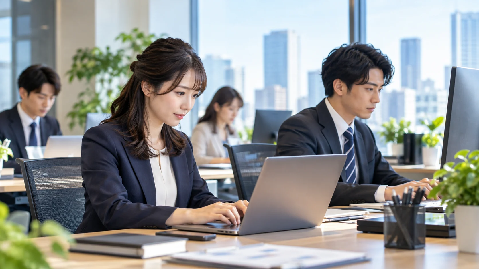 明るいオフィスで社員がそれぞれパソコンに向かい、入力業務に取り組んでいる様子