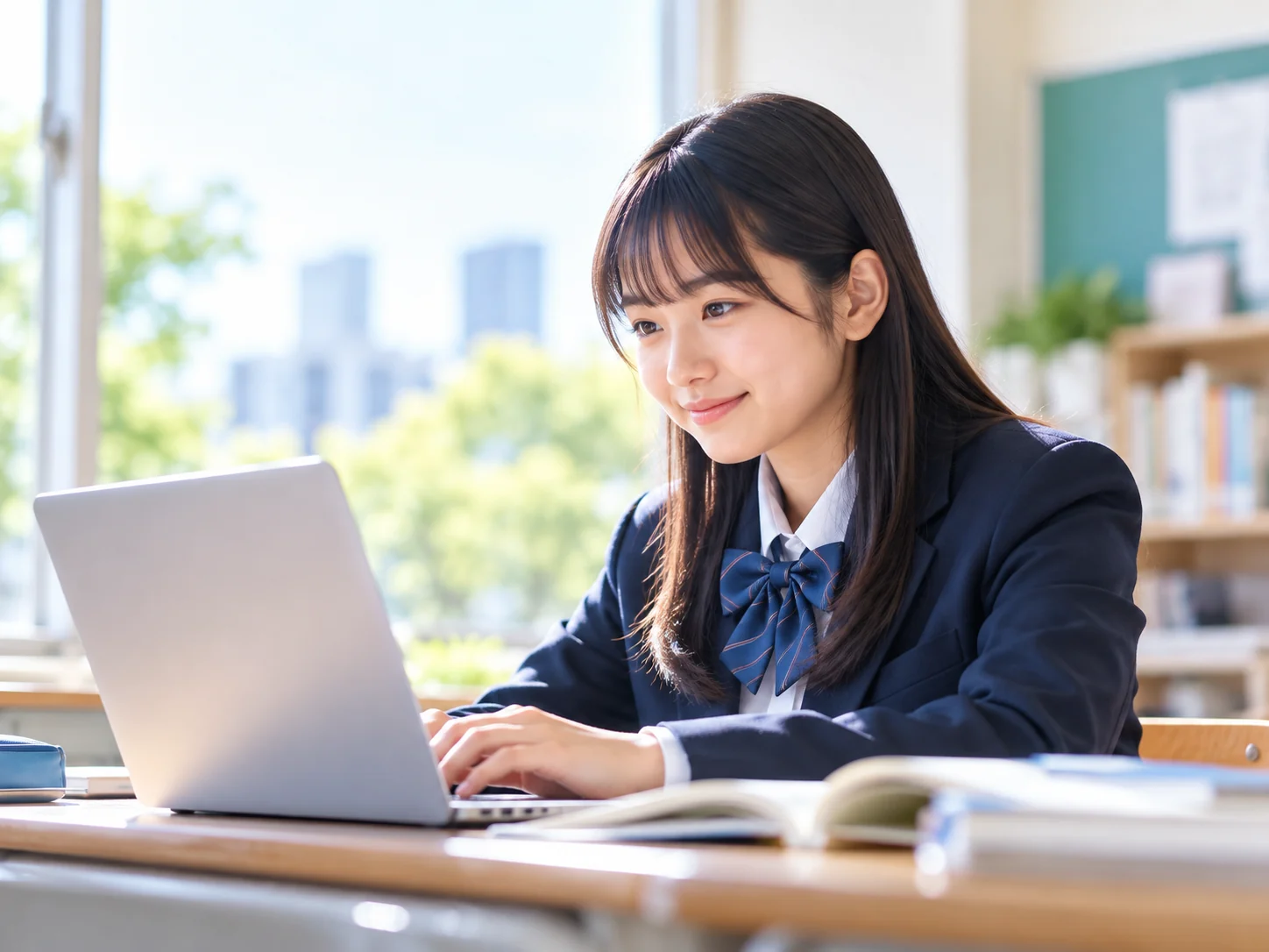 窓辺の机でノートパソコンに向かい、自分のペースで学習を進める生徒