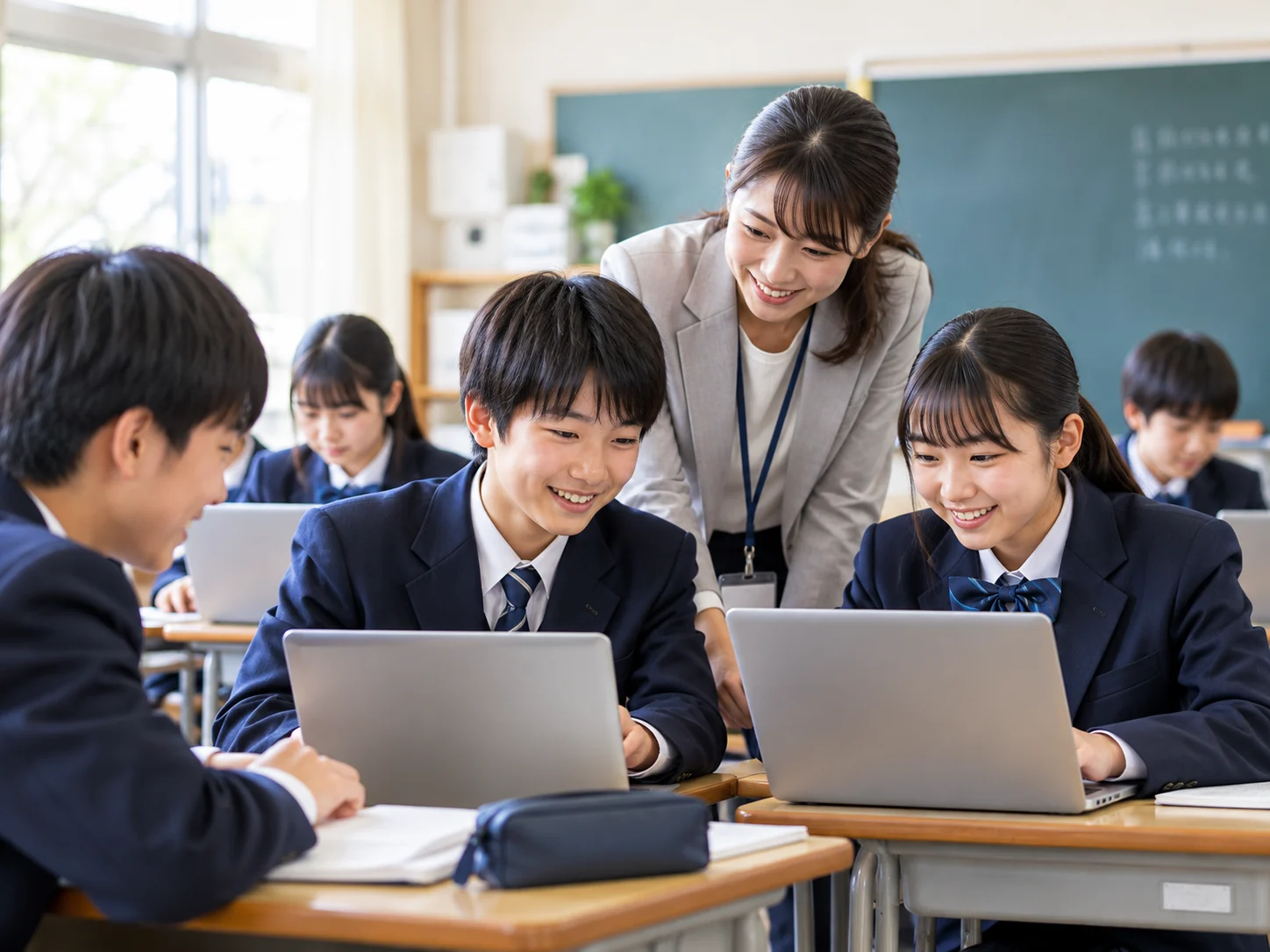 学校の教室で先生が生徒のノートパソコン学習をサポートしている様子