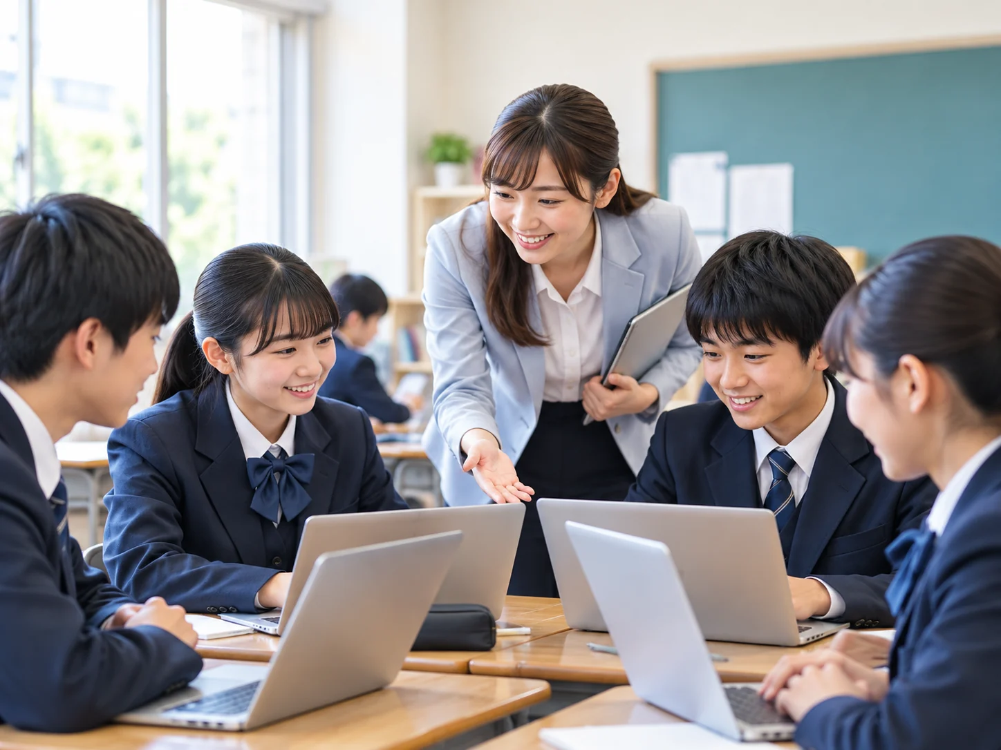 先生が教室で生徒たちのパソコン学習を見守り、取り組みをサポートしている様子