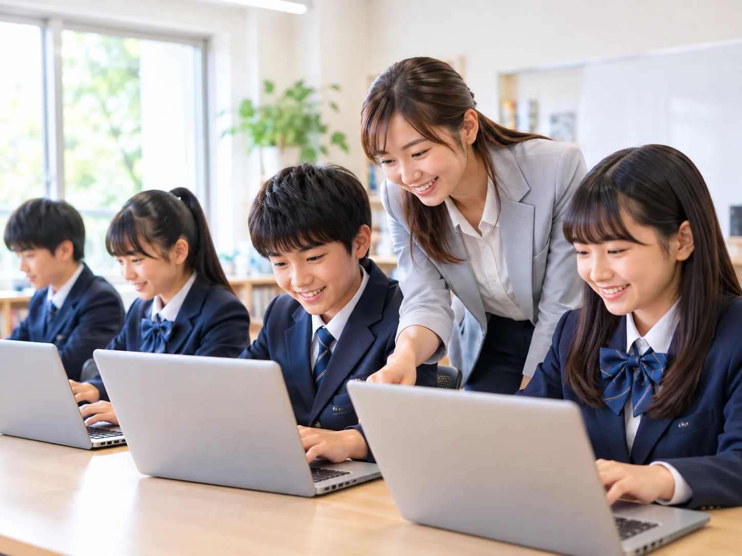 パソコン教室で先生と生徒たちがノートパソコンを使って学ぶ様子