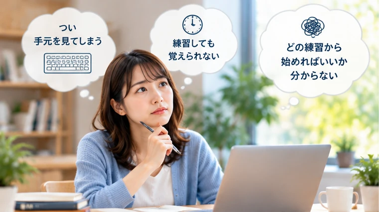 パソコンの前でタイピングの苦手なところを考える様子