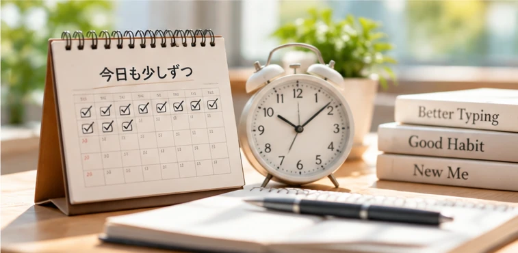 毎日のタイピング練習を記録するカレンダーと時計
