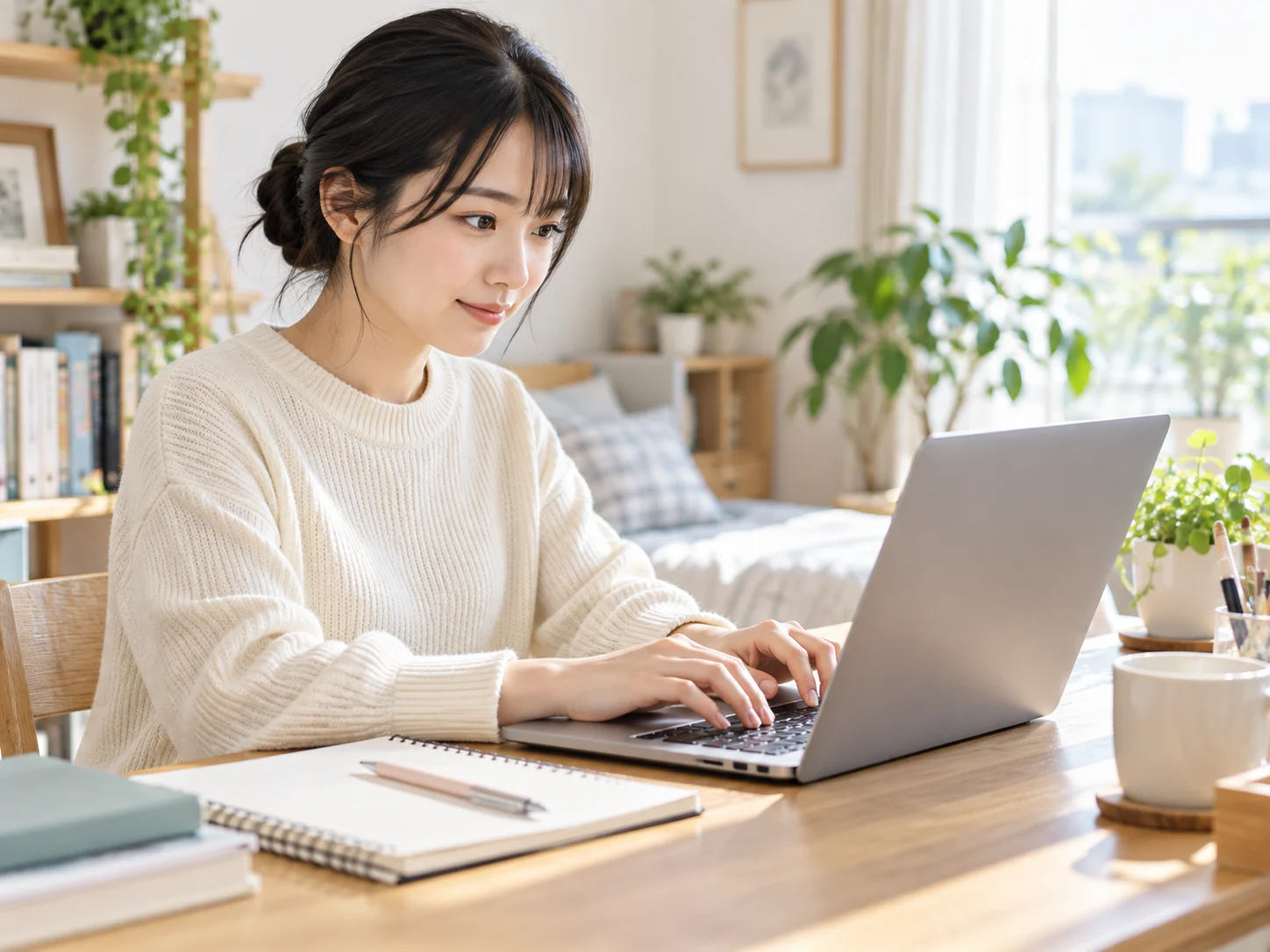 明るい室内でノートパソコンを使いタイピングの基本を練習する日本人女性