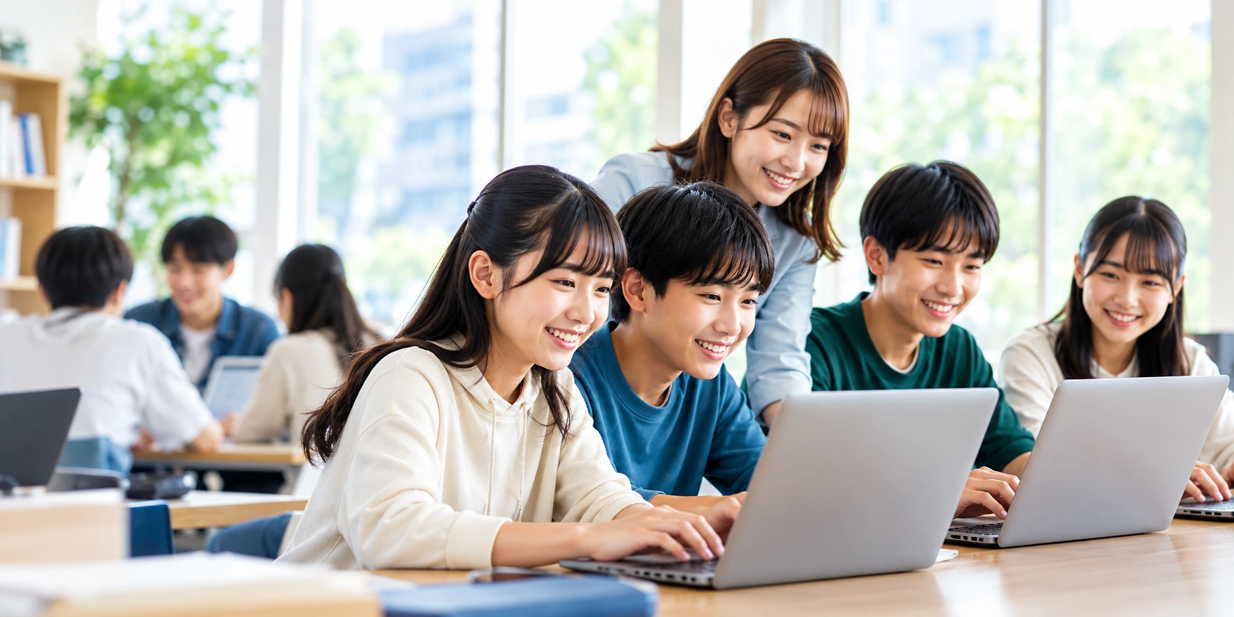 教室でノートパソコンを使ってタイピングに取り組む学生と講師