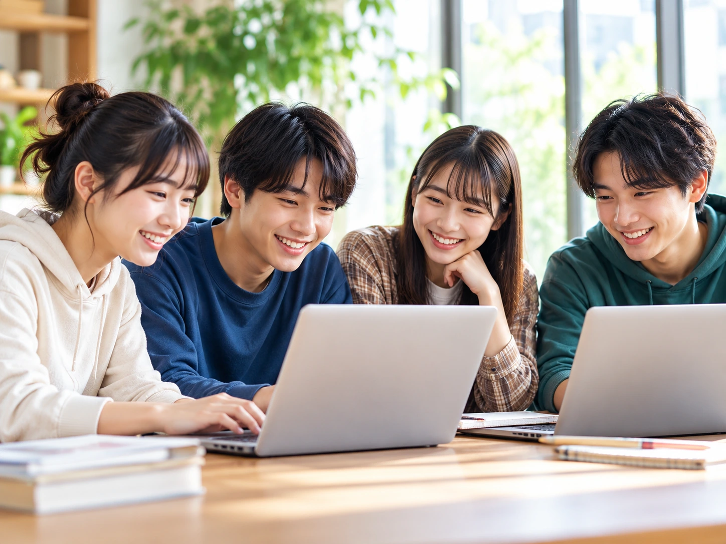 友人同士でノートパソコンの画面を見ながら笑顔で学ぶ若者たち