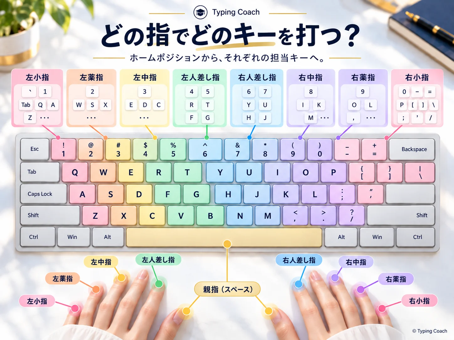 タイピングでそれぞれの指が担当するキーを色分けしたホームポジション図