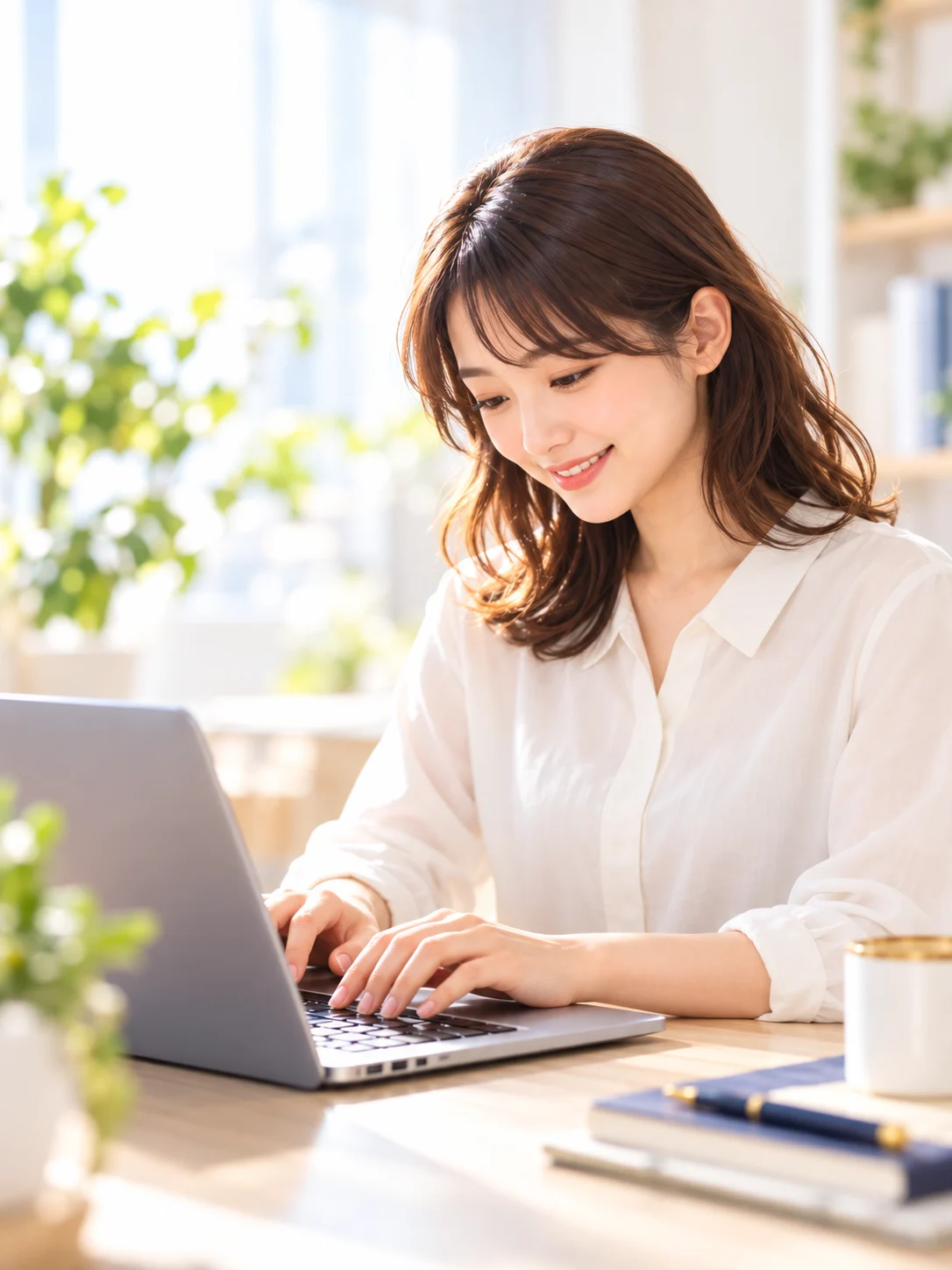 キーボードを見ながらノートパソコンでタイピングする女性