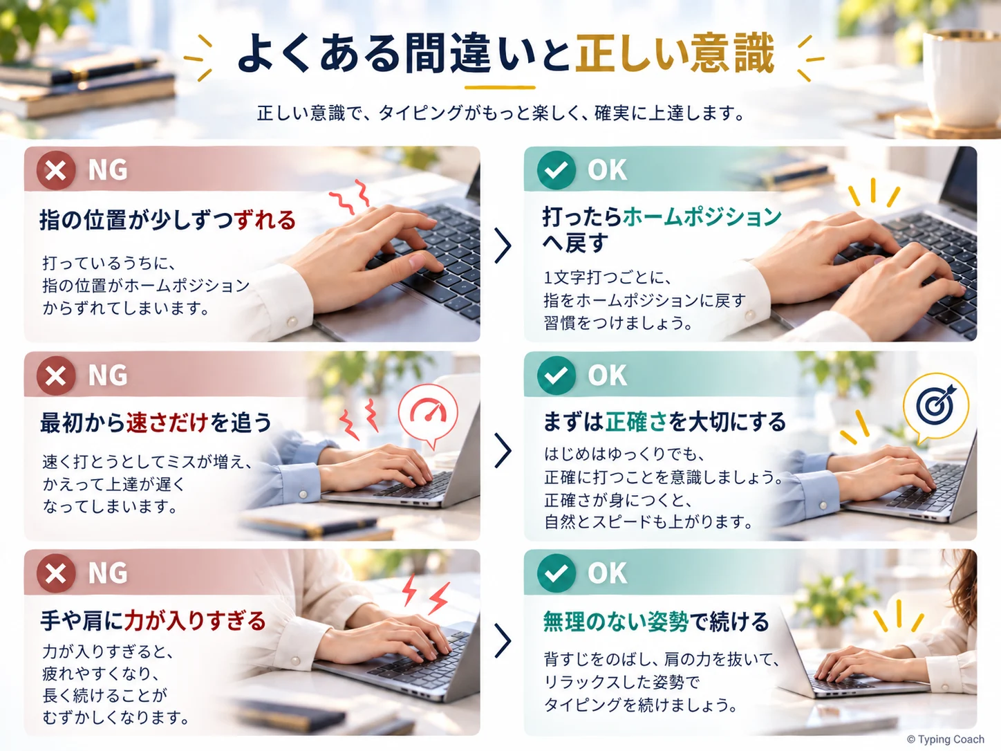 タイピングのよくある間違いと正しい練習方法をNGとOKで比較した図
