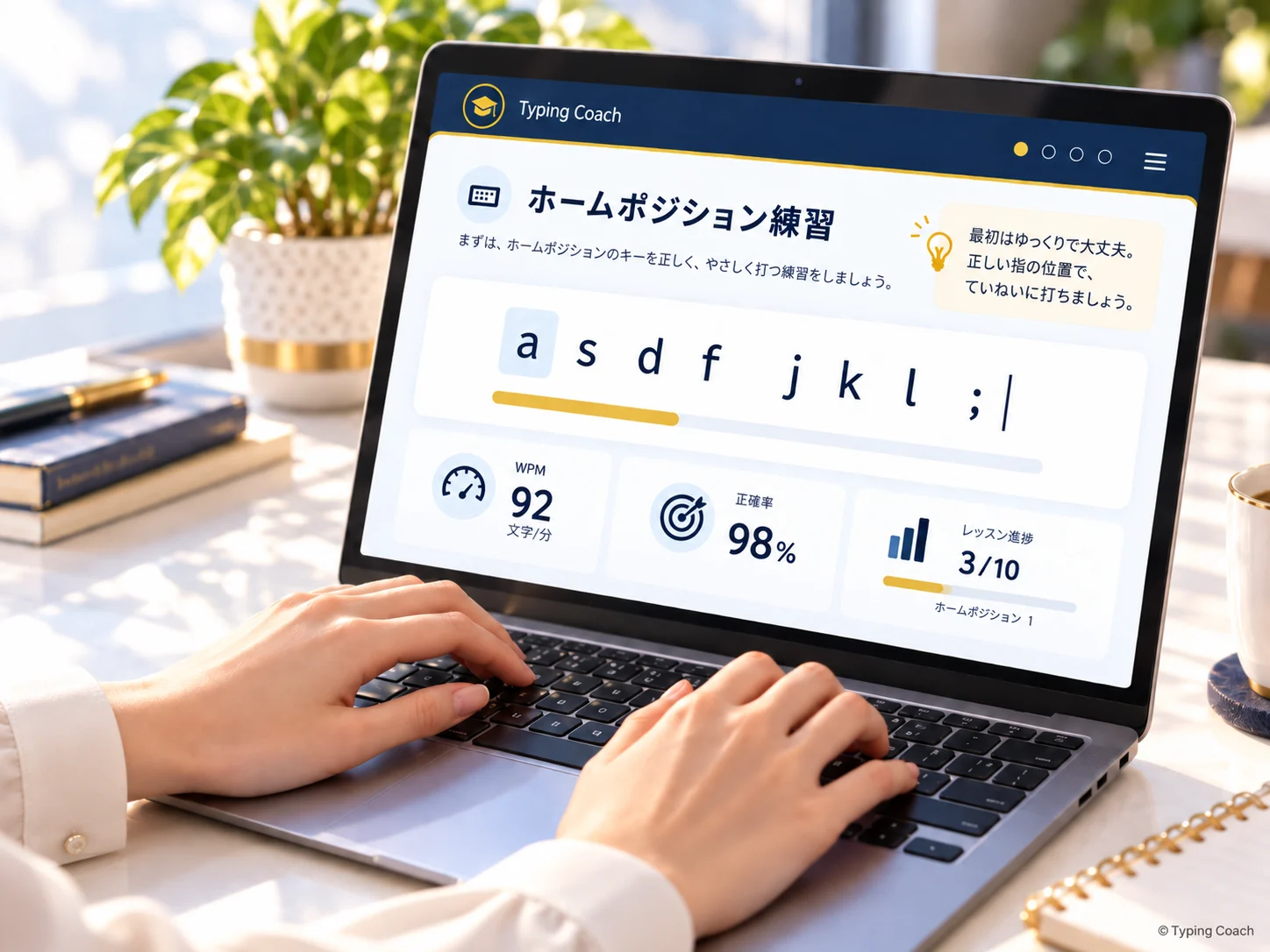 Typing Coachのホームポジション練習画面を見ながらタイピングする女性の手元