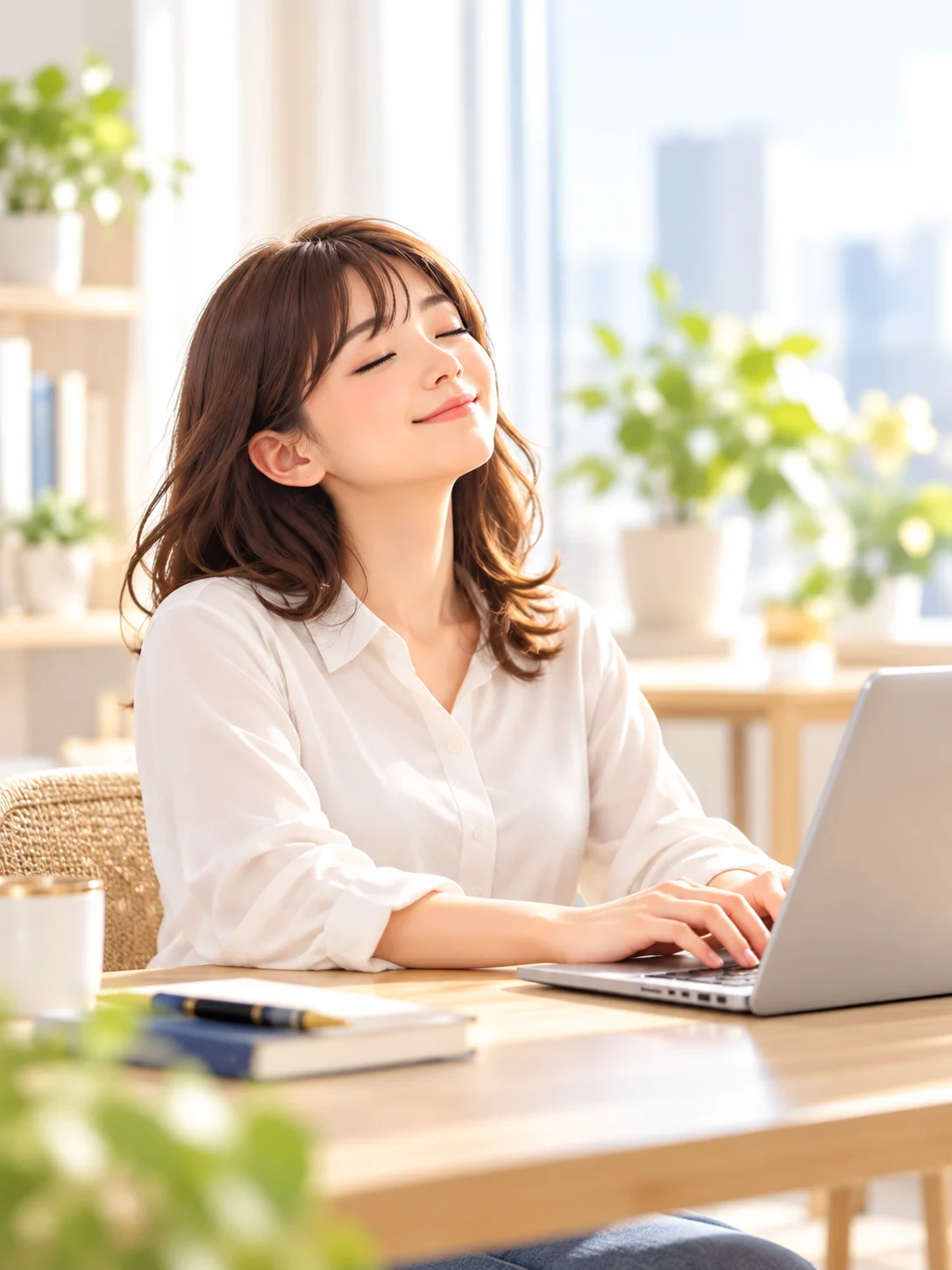肩や手の力を抜いて、ゆったりとタイピングする女性
