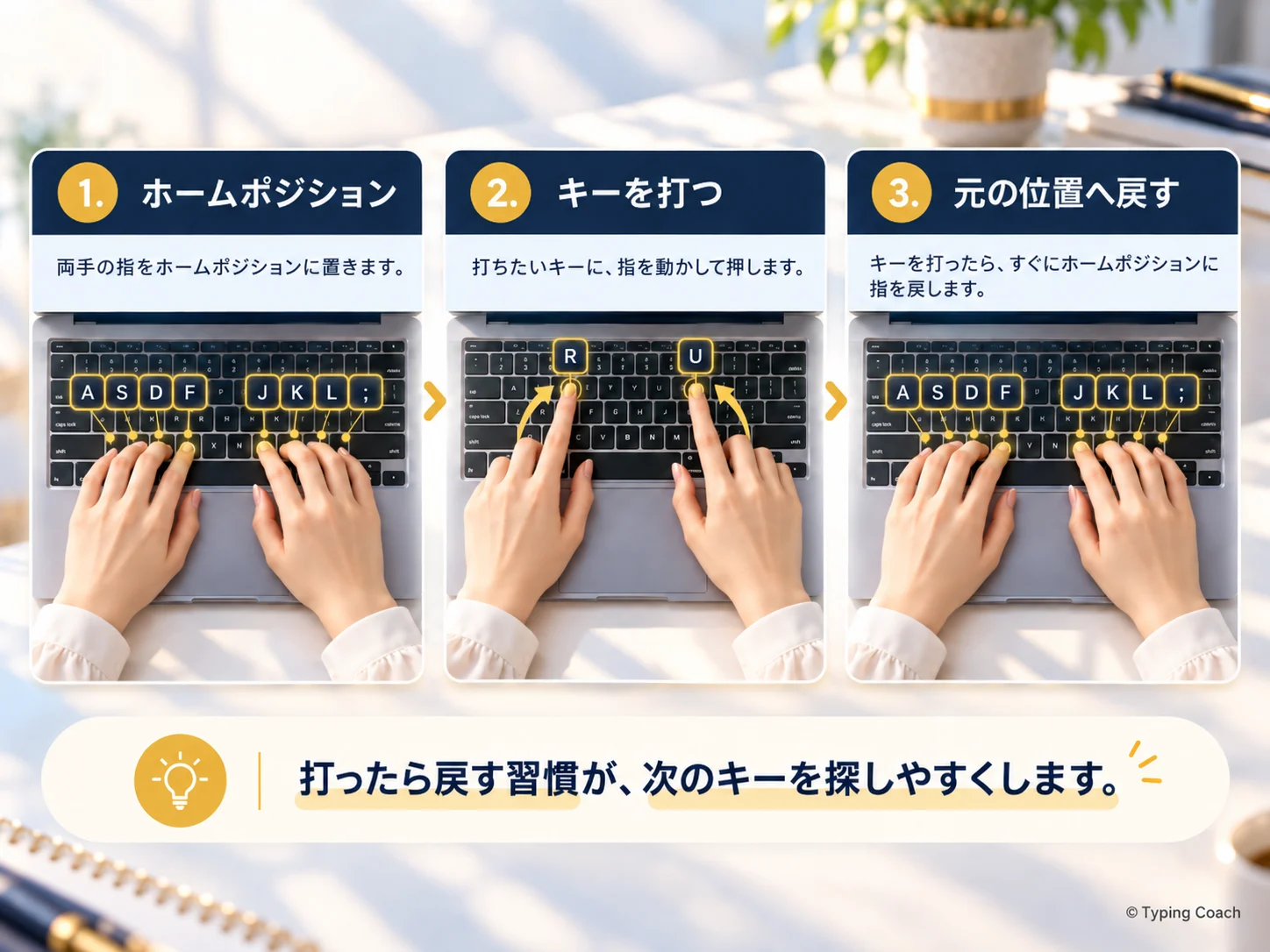ホームポジションからキーを打ち、元の位置へ指を戻す3ステップ