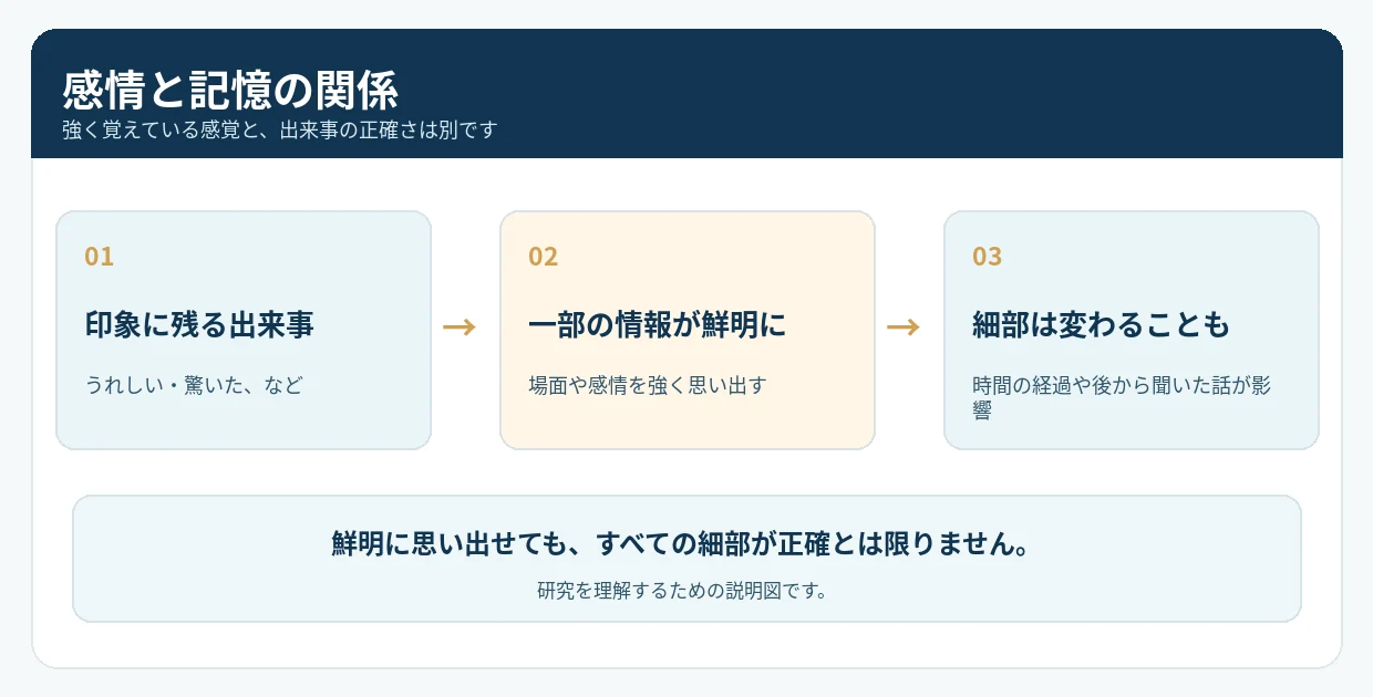 感情が伴う出来事の一部は鮮明に思い出せても、時間の経過などで細部が変わる場合があることを示す図。