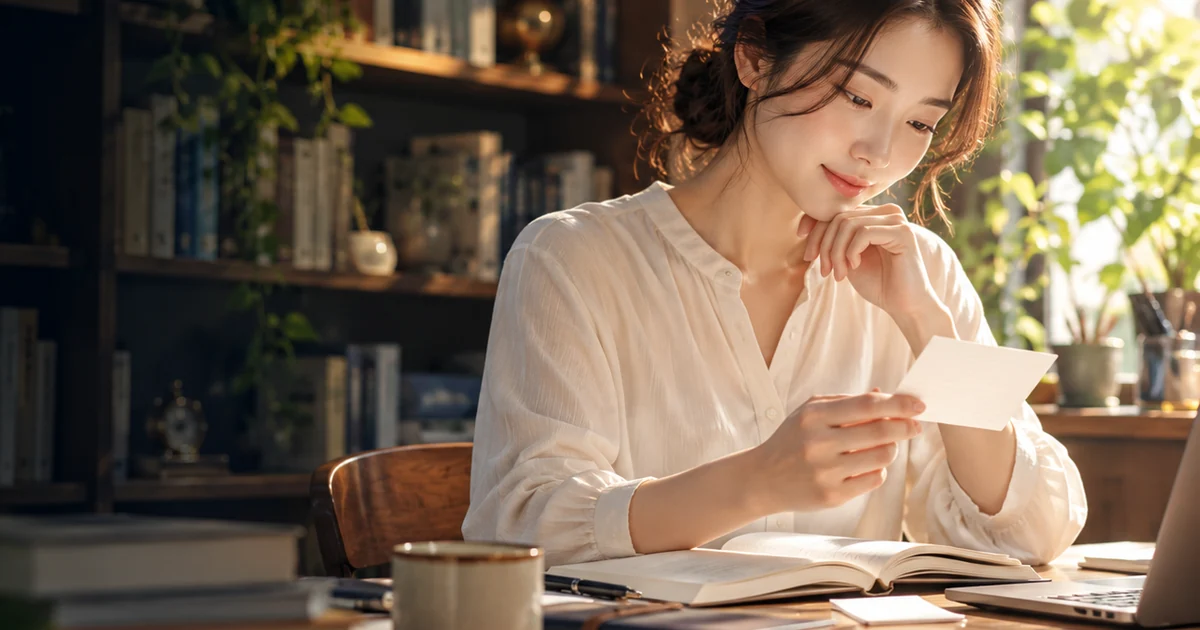 忘却曲線を学ぶイメージ。日本人女性が書斎で学習カードを確認している。
