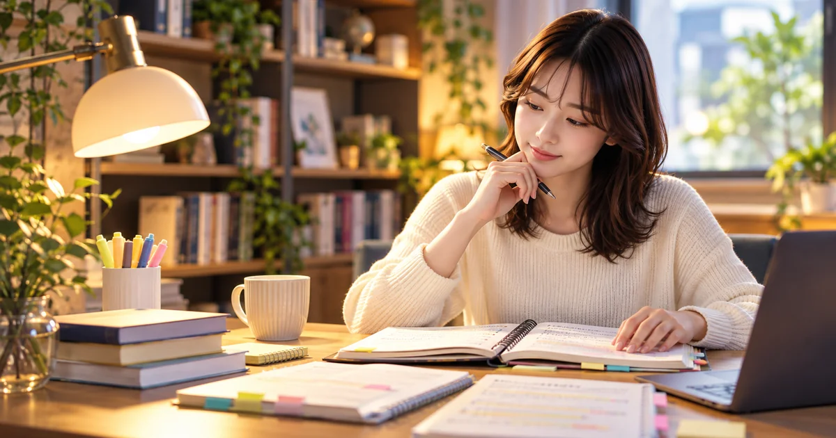 学習机でノートを開き、覚えたい内容を確かめる女性
