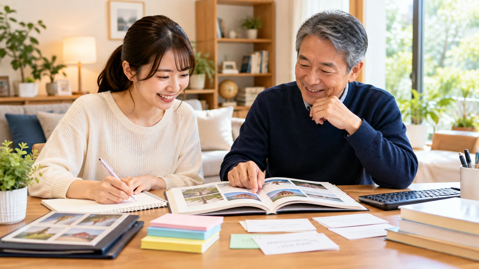 明るい書斎で、記憶や学習について本を読みながら話し合う親子