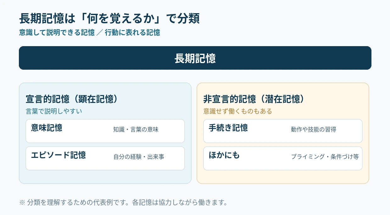 長期記憶から宣言的記憶と非宣言的記憶に枝分かれする図。宣言的記憶には意味記憶とエピソード記憶、非宣言的記憶には手続き記憶のほかにプライミングや条件づけがある。