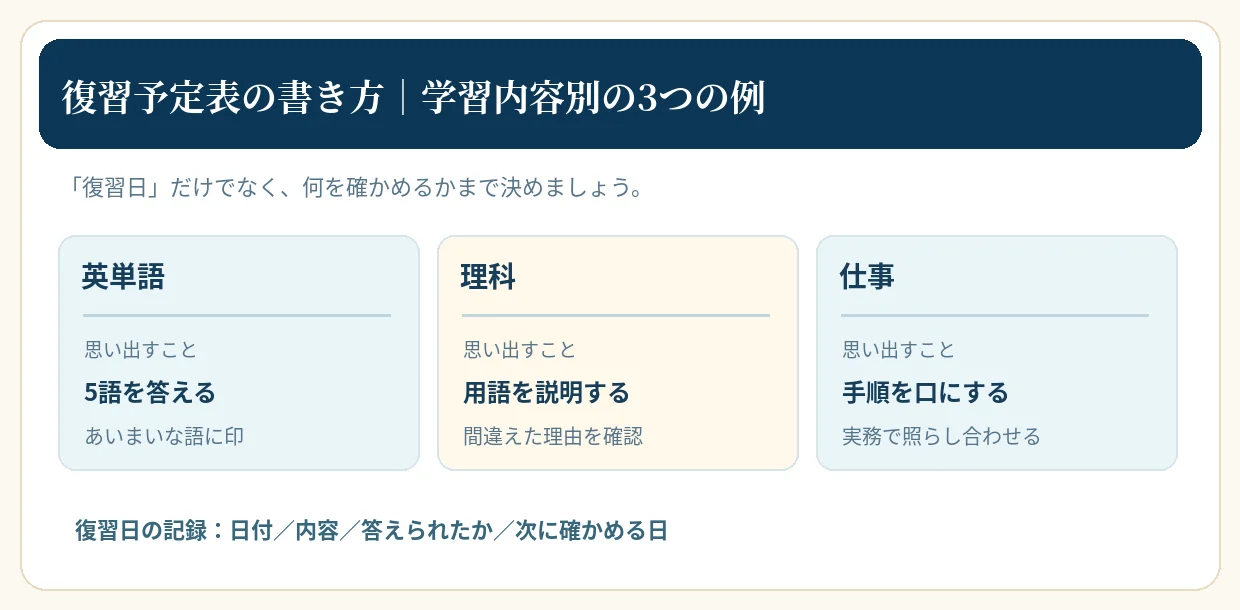英単語、理科の用語、仕事の手順について、復習で思い出すことを示した予定表の例
