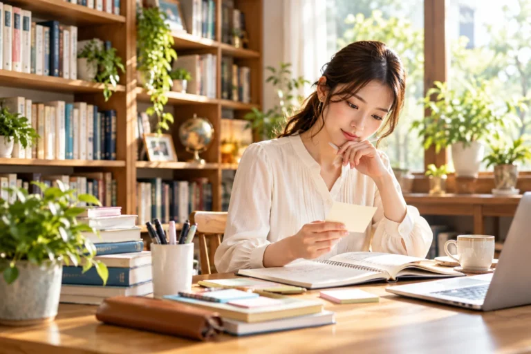 明るい書斎でノートとメモカードを見ながら学習する女性