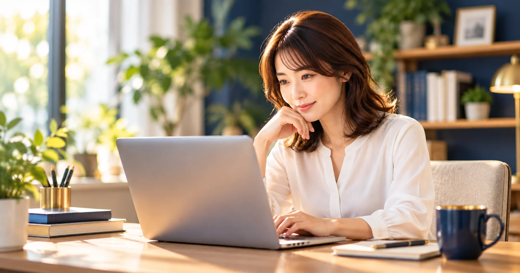 暖かな光のホームオフィスで仕事する女性